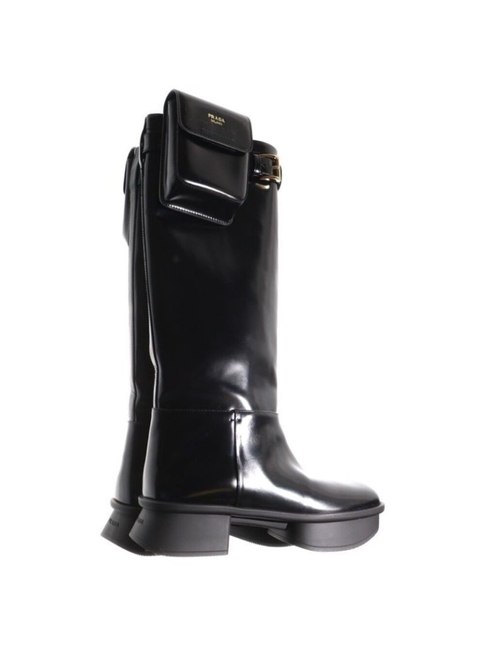 Prada Logo Print Pouch Brushed Leather Square Toe Long Boots Shoes Black - Picture 3 of 6